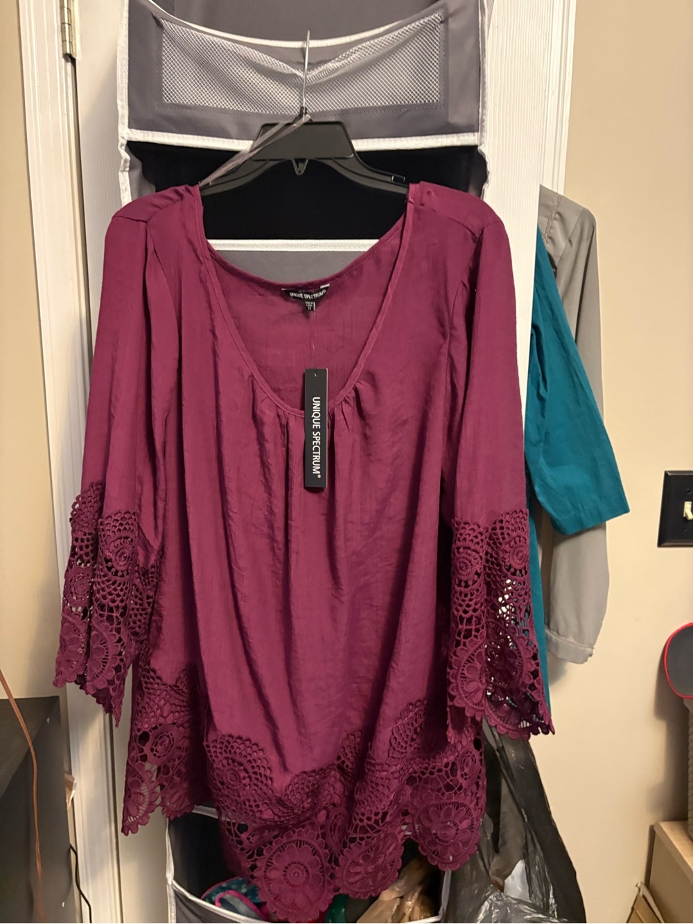 New Unique Spectrum Women's Plum Crochet-Hem Tunic Blouse